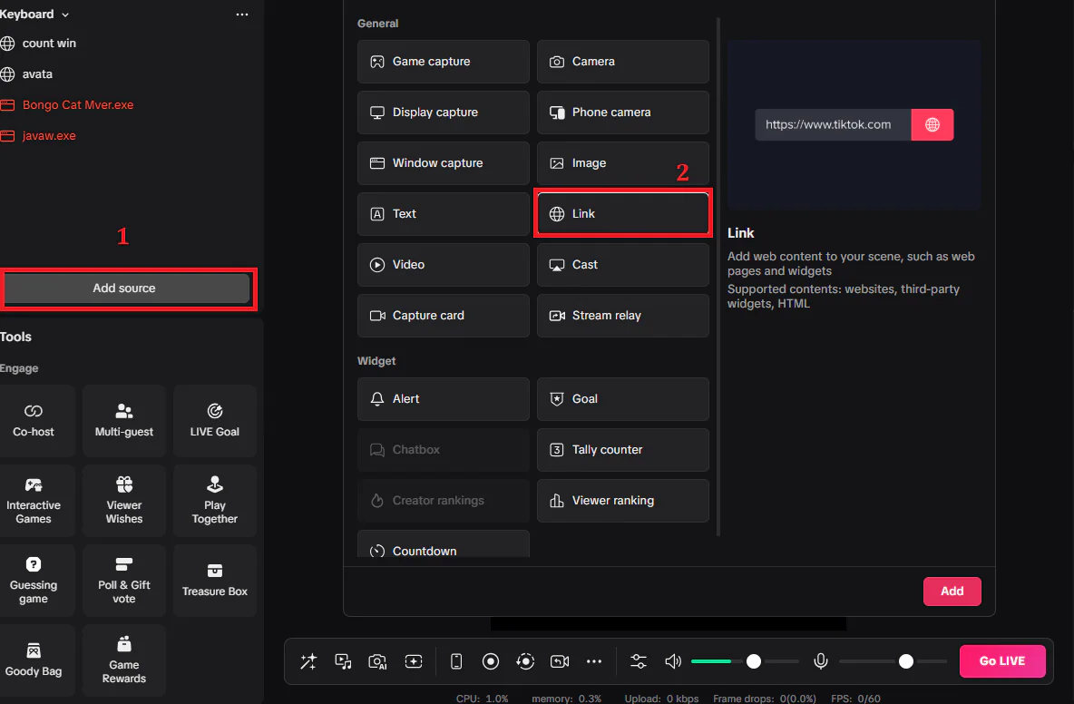 TikTok LIVE Studio Add source panel with Link selected
