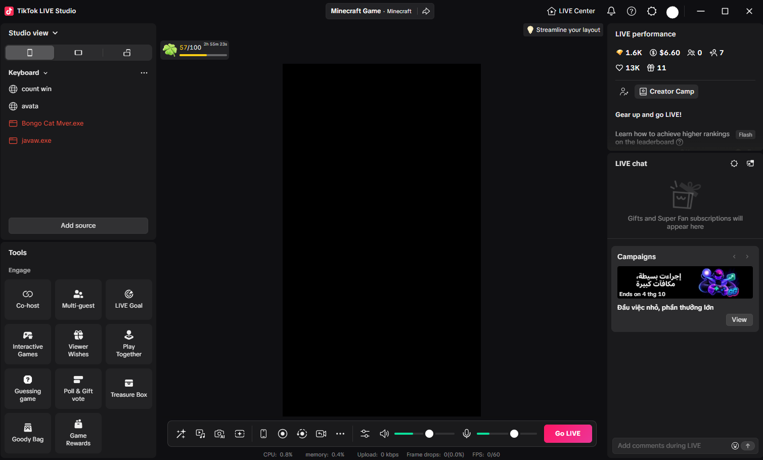 TikTok LIVE Studio workspace