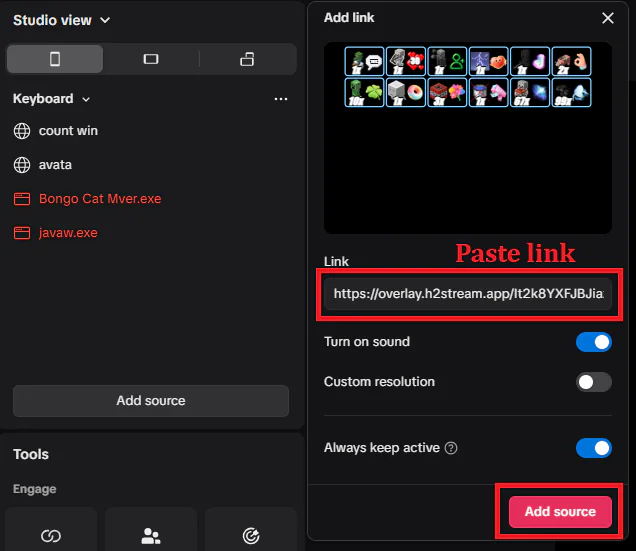 TikTok LIVE Studio Link source with an H2STREAM overlay URL