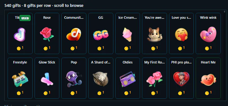 Current H2STREAM TikTok gift library with coin values