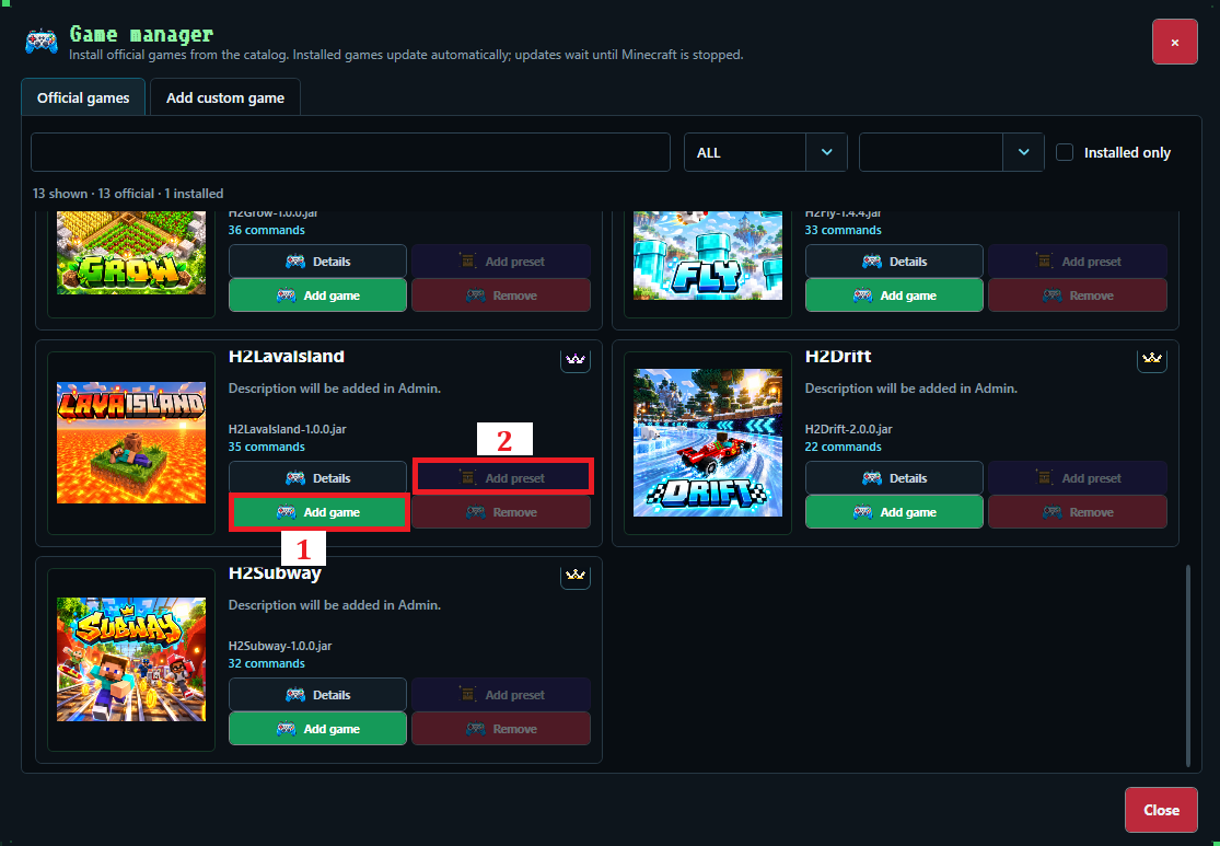 H2STREAM game manager with the official server catalog