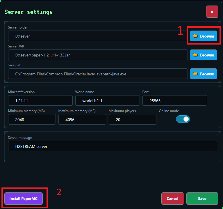 H2STREAM PaperMC server settings